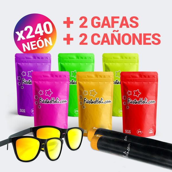 Pack de Polvos Holi de Neon con 240 bolsas de 75 gramos más regalo de 2 gafas y 2 cañones