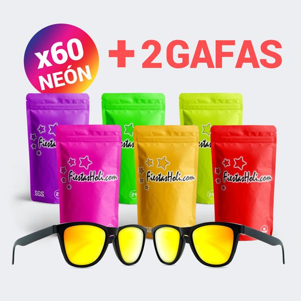 Pack de Polvos Holi de Neon con 60 bolsas de 75 gramos y regalo de 2 gafas